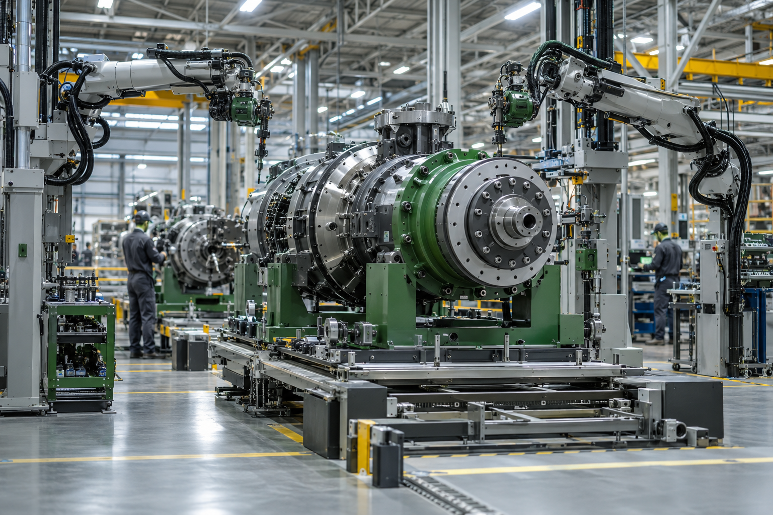 Modern industrial assembly line with precision manufacturing equipment