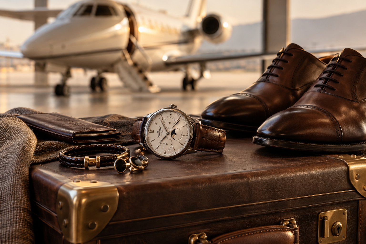 Fine watch and jewelry with bespoke shoes and a private jet in the background